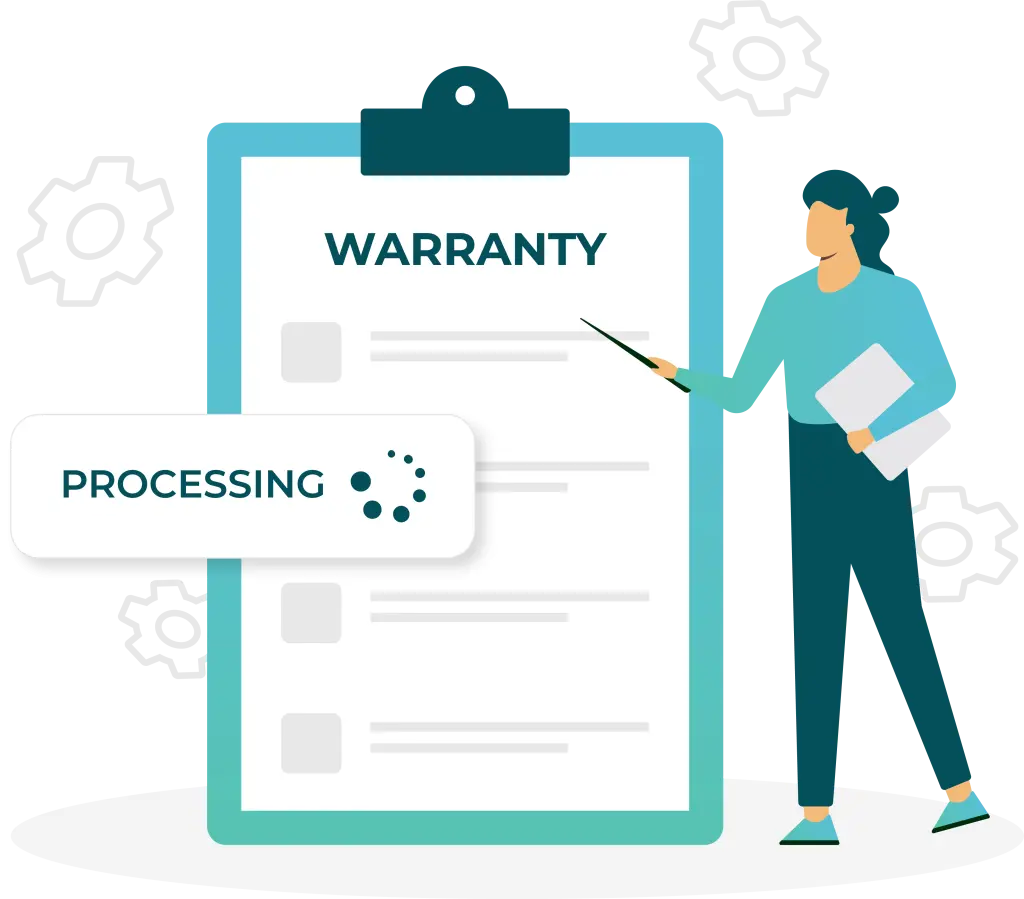 Warranty processing company checklist and blue clipboard.